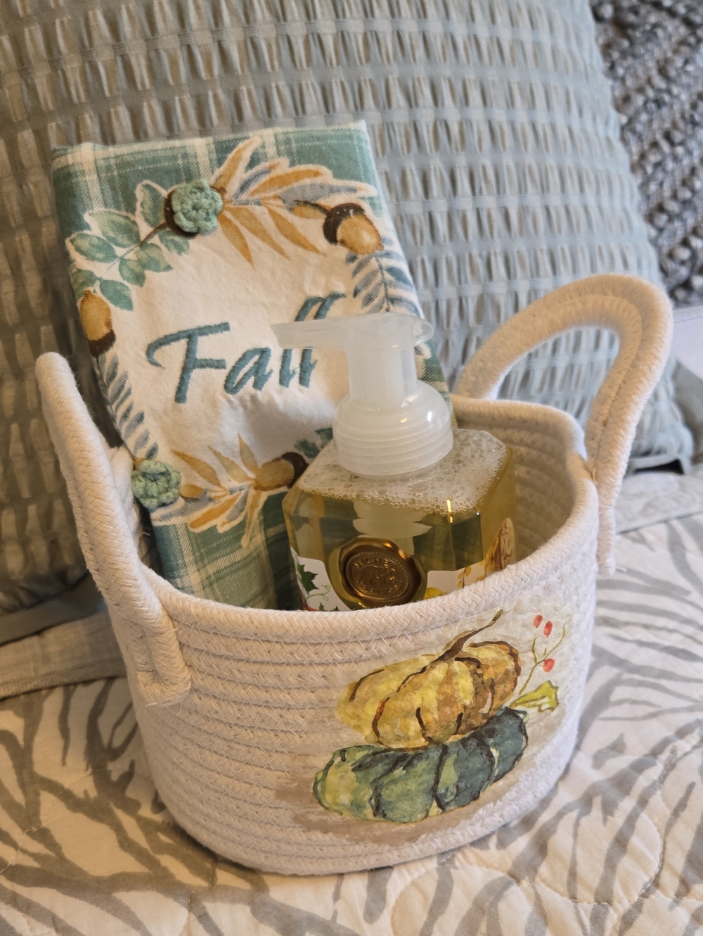 Neutral Cream Rope Basket with Fall Pumpkin Kitchen Towel & Michael Design Soap.